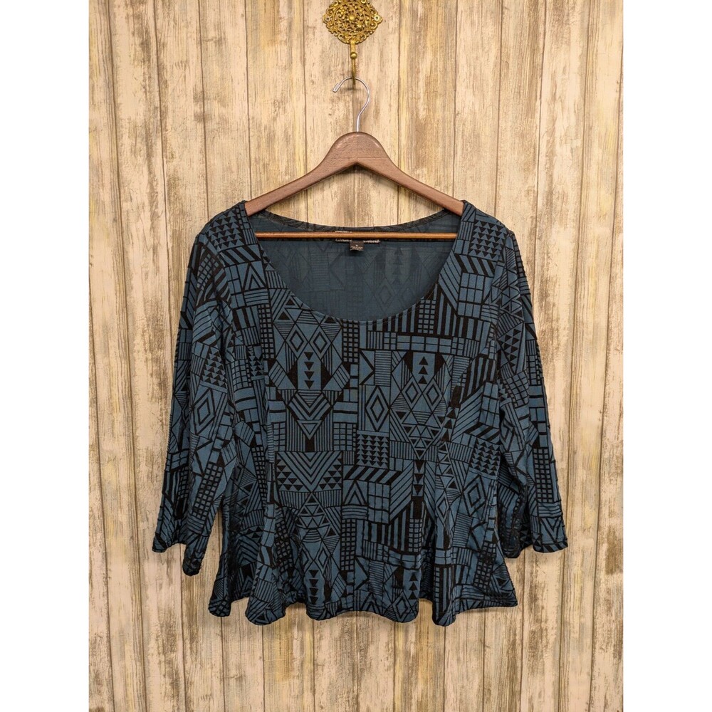 Lucy Diamonds Cropped Peplum Aztec Top Teal Velvet Scoop Neck 1X